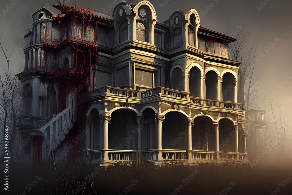 Horror house in a stormy weather. Digital illustration. CG Artwork Background