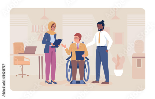 Talking colleagues 2D vector isolated illustration. Workplace environment flat characters on cartoon background. Workmates interaction colourful editable scene for mobile, website, presentation