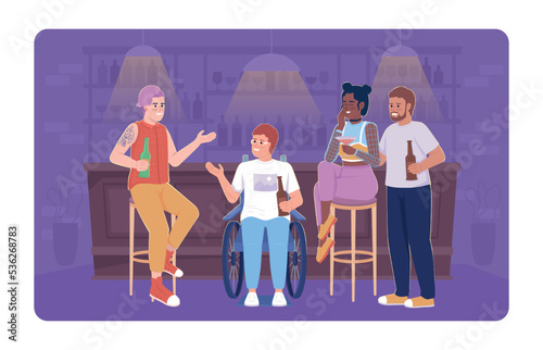 Friends in bar 2D vector isolated illustration. Communicating flat characters on cartoon background. Drinking beer while talking colourful editable scene for mobile, website, presentation