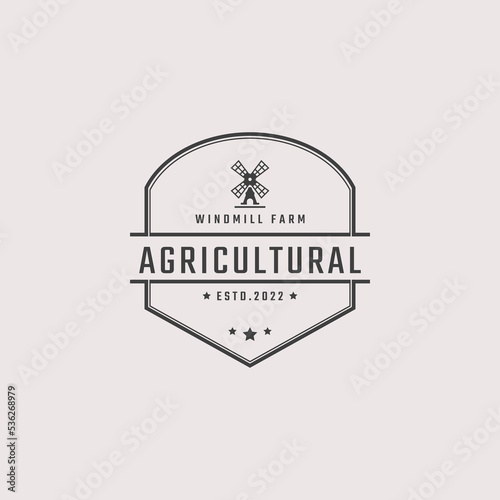 Vintage Retro Badge Emblem Agricultural Windmill Bakery Organic Wheat Logo Design Linear Style. Monochrome Countryside Alternative Power Wind Mill Energy Ecology Rural Production Mark