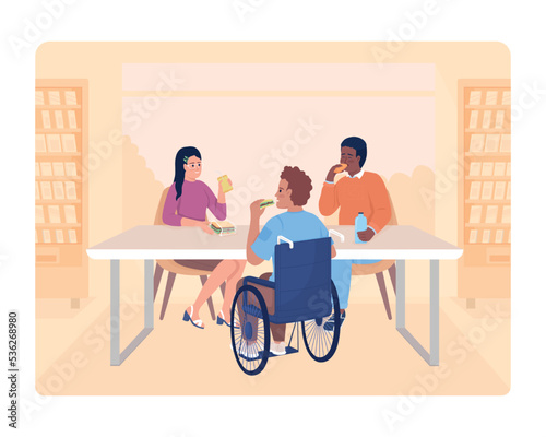 Chatting with friends 2D vector isolated illustration. Having dinner at canteen flat characters on cartoon background. Students talking colourful editable scene for mobile, website, presentation