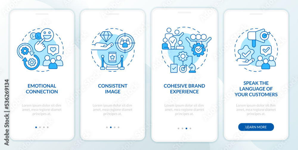 Ways to develop brand longevity blue onboarding mobile app screen. Walkthrough 4 steps editable graphic instructions with linear concepts. UI, UX, GUI template. Myriad Pro-Bold, Regular fonts used