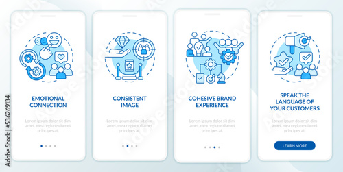 Ways to develop brand longevity blue onboarding mobile app screen. Walkthrough 4 steps editable graphic instructions with linear concepts. UI  UX  GUI template. Myriad Pro-Bold  Regular fonts used