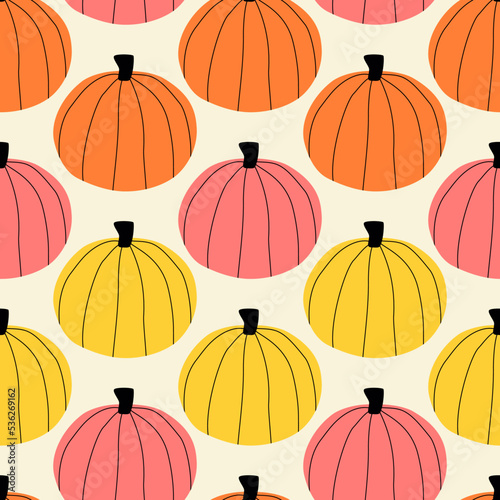 Colorful autumn pumpkins hand drawn vector illustration.Vegetable seamless pattern for home decor, wallpaper or fabric. Cute October Halloween background.