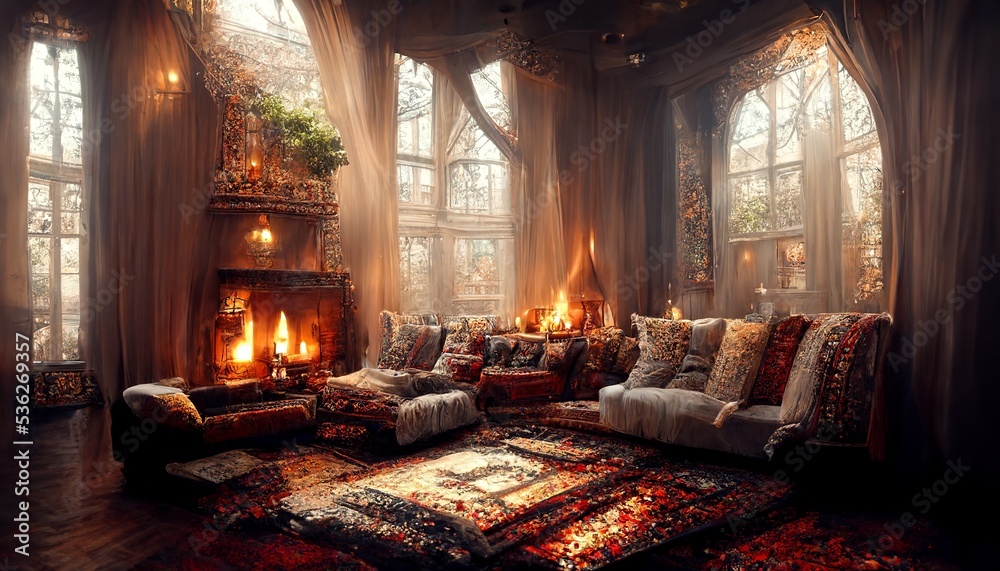 Victorian Living Room Interior Design with cozy fireplace Stock ...