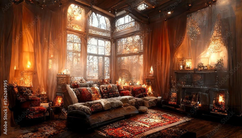Victorian Living Room Interior Design with huge veils Stock