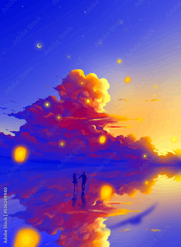 couple in beach at midnight under beautiful sky reflecting in the water of sea anime digital art illustration painting wallpaper