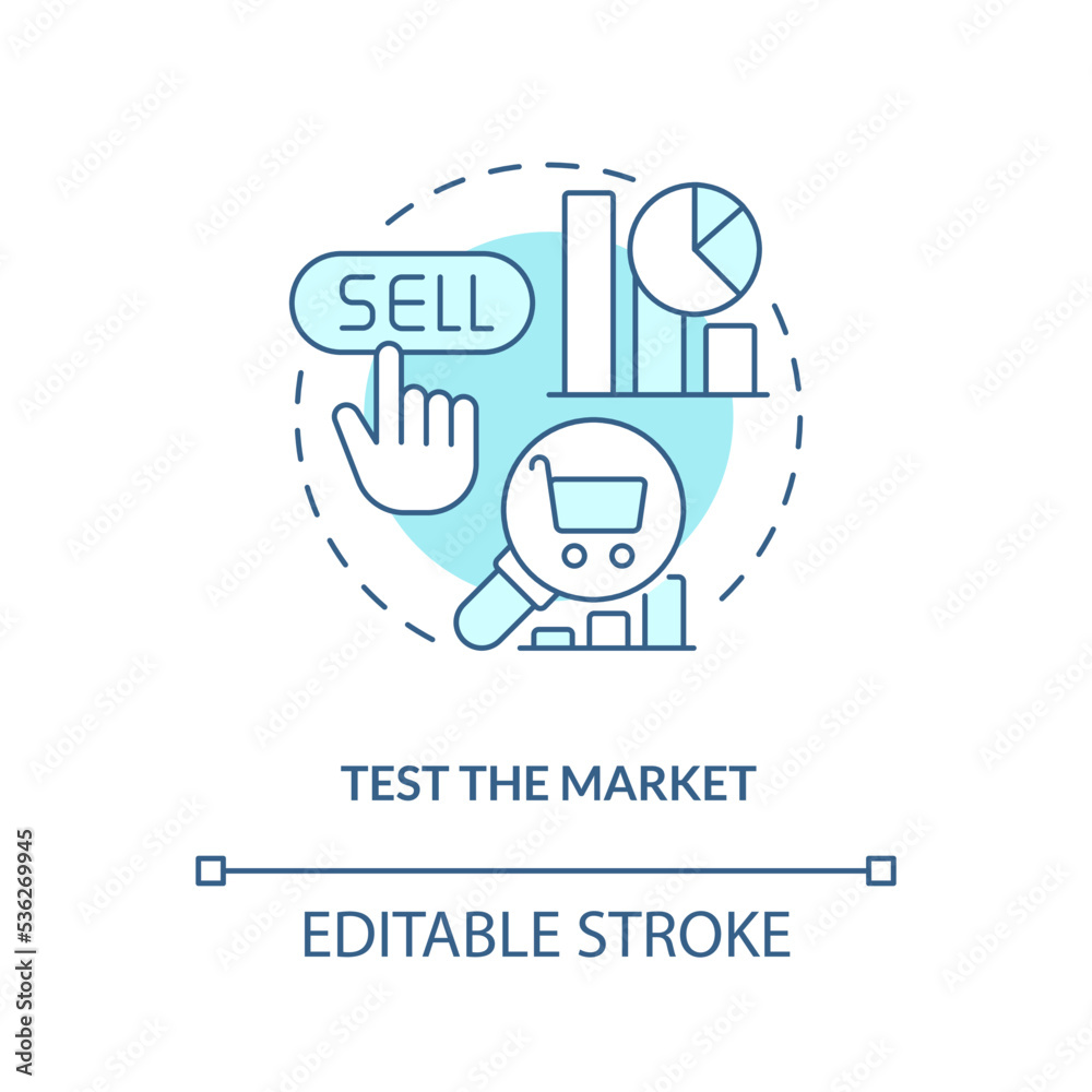 Test market turquoise concept icon. Business data analytics. Way to sustain brand abstract idea thin line illustration. Isolated outline drawing. Editable stroke. Arial, Myriad Pro-Bold fonts used