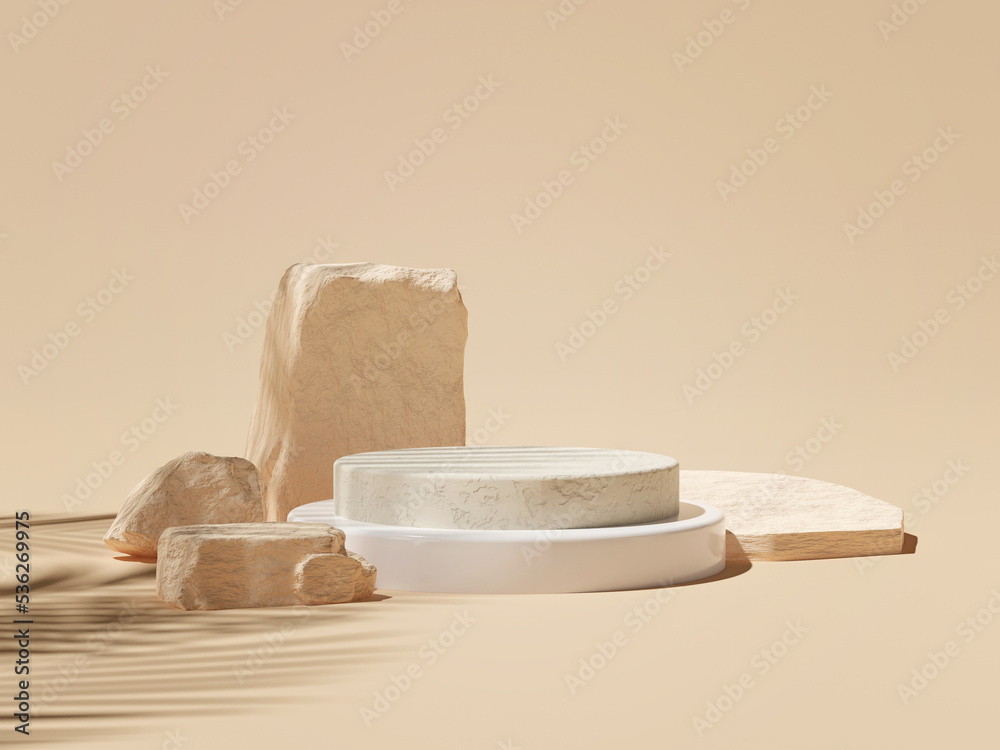 3d render of small stone forming a product podium, showcase of beauty and cosmetics product. - obrazy, fototapety, plakaty 