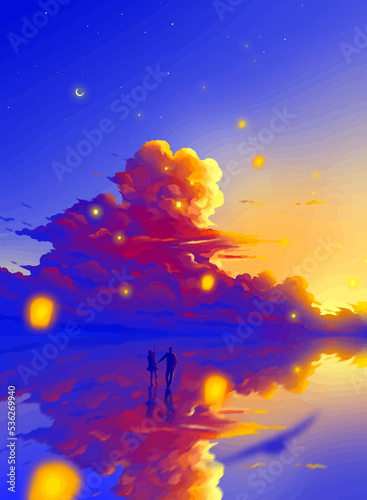 couple in beach at midnight under beautiful sky reflecting in the water of sea anime digital art illustration painting wallpaper © Diganime