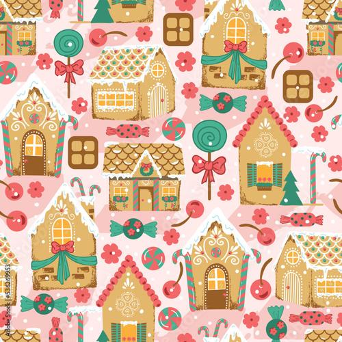 Cute Gingerbread House and Candies Holiday Vector Seamless Pattern