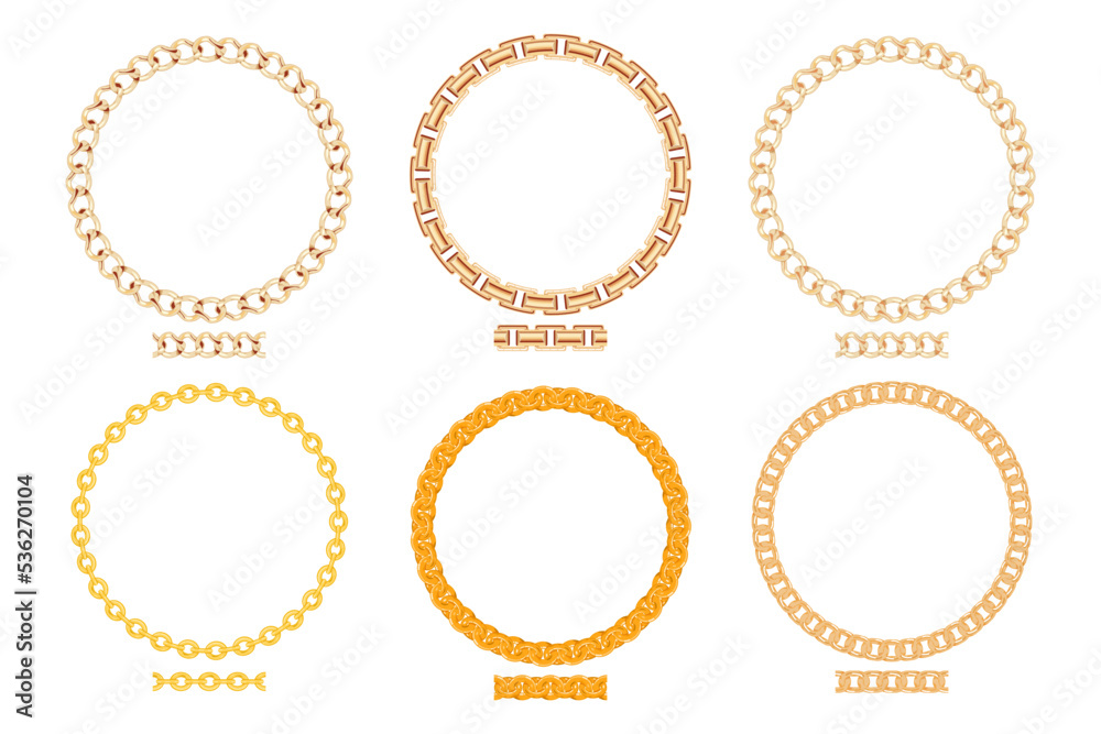 Set decorative circle border frames with seamless elements. Gold Chain round wreaths for use as a decorative element, for logo or emblem. Set decorative circle border frames with seamless elements. Gold Chain round wreaths for use as a decorative element, for logo or emblem.
