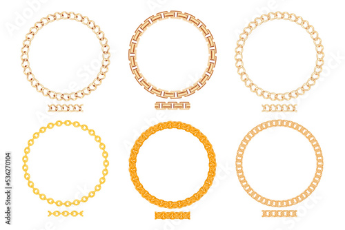 Set decorative circle border frames with seamless elements. Gold Chain round wreaths for use as a decorative element, for logo or emblem.