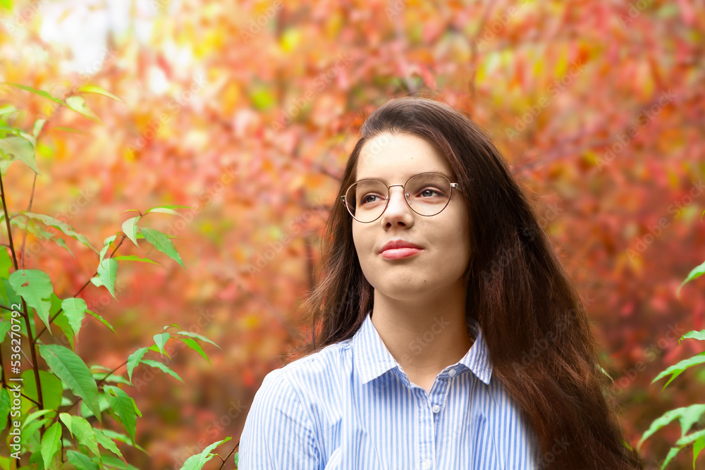 Portrait of a pensive teenage girl with long brown hair, she looks into the distance, in an autumn park, against a blurred colorful autumn background of fall foliage. Golden autumn, autumn mood. Portrait of a pensive teenage girl with long brown hair, she looks into the distance, in an autumn park, against a blurred colorful autumn background of fall foliage. Golden autumn, autumn mood.