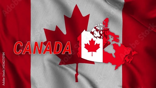Canadian flag, waving in the wind and with a country map in the Canadian flag pattern. It is a composite garden of Footage.