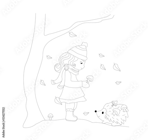 girl and hedgehog are picking mushrooms in autumn - coloring book