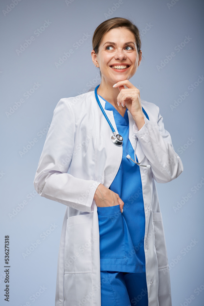 Thinking female doctor isolated portrait. Thinking female doctor isolated portrait.