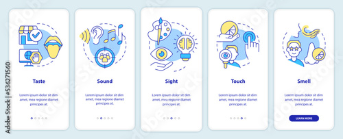 Senses of sensory marketing onboarding mobile app screen. Smell, sound walkthrough 5 steps editable graphic instructions with linear concepts. UI, UX, GUI template. Myriad Pro-Bold, Regular fonts used photo