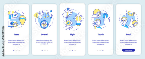 Senses of sensory marketing onboarding mobile app screen. Smell, sound walkthrough 5 steps editable graphic instructions with linear concepts. UI, UX, GUI template. Myriad Pro-Bold, Regular fonts used