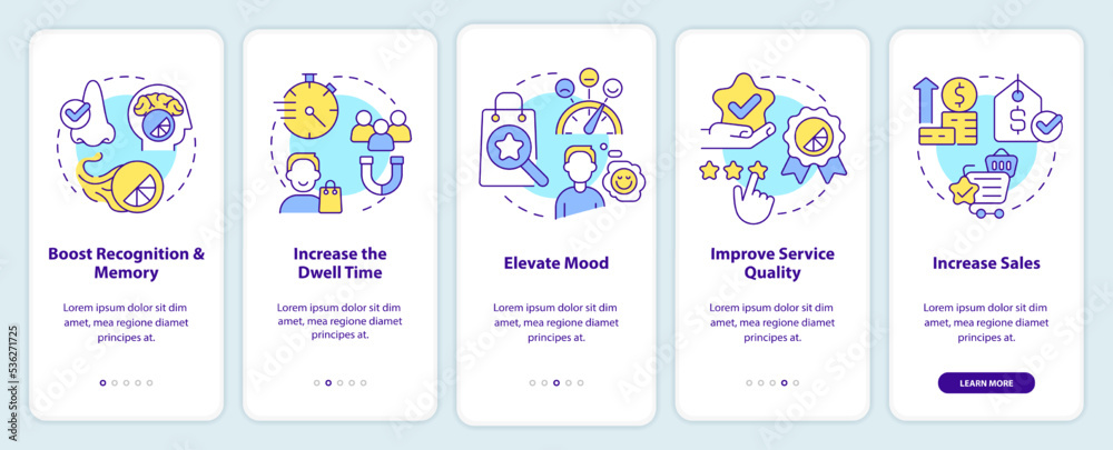 Ambient scenting benefits onboarding mobile app screen. Elevate mood walkthrough 5 steps editable graphic instructions with linear concepts. UI, UX, GUI template. Myriad Pro-Bold, Regular fonts used