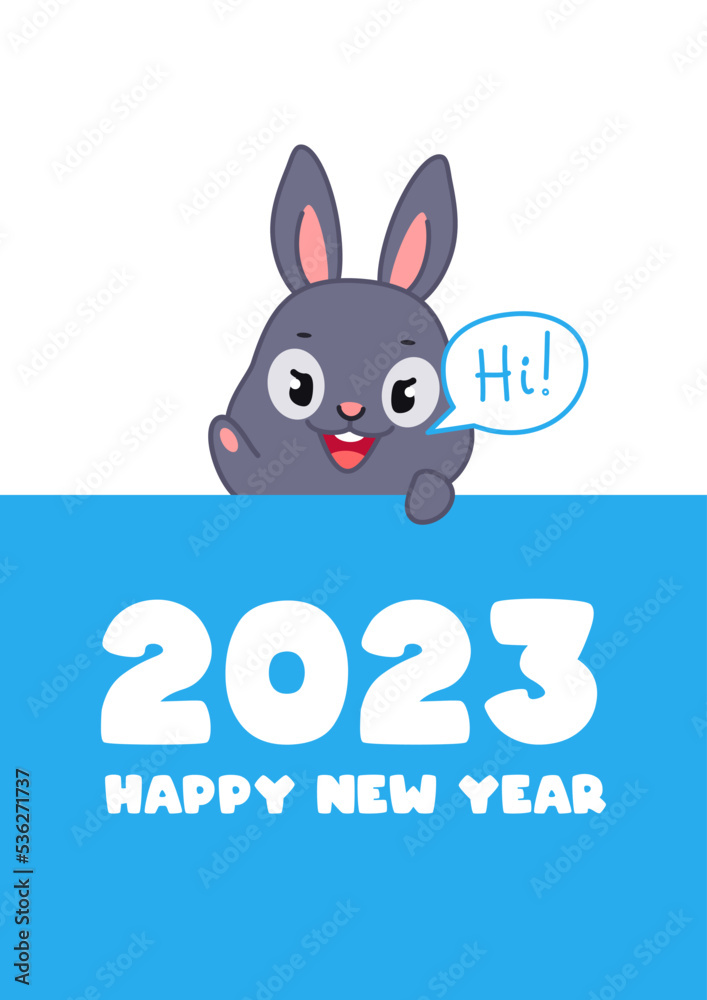 Fototapeta premium Happy New Year 2023 template with cute bunny. Illustration of a little black rabbit holding a banner with greeting text. Vector 10 EPS.