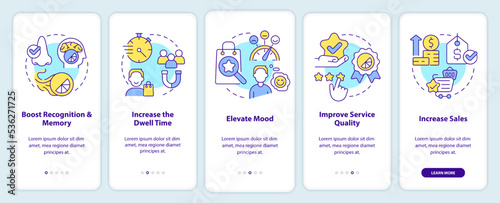 Ambient scenting benefits onboarding mobile app screen. Elevate mood walkthrough 5 steps editable graphic instructions with linear concepts. UI, UX, GUI template. Myriad Pro-Bold, Regular fonts used
