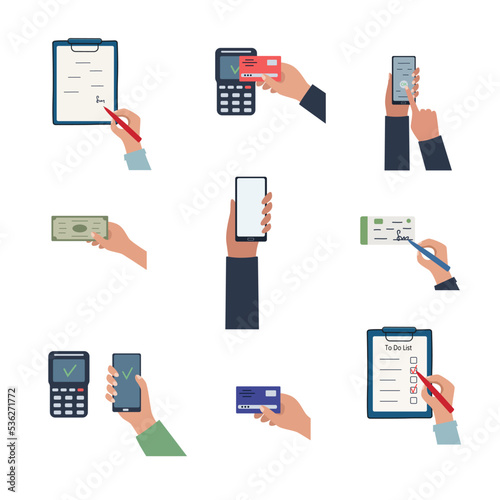 The concept of business, payment and finance. A set of vector illustrations contactless payment, credit card or cash, contract signing, phone, receipt.