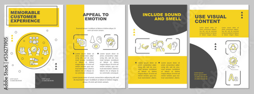 Brand experience with sensory marketing yellow brochure template. Leaflet design with linear icons. Editable 4 vector layouts for presentation, annual reports. Arial, Myriad Pro-Regular fonts used