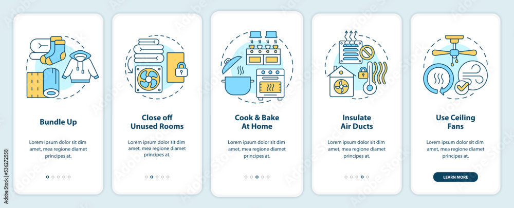 Save on heat energy bills in winter onboarding mobile app screen. Walkthrough 5 steps editable graphic instructions with linear concepts. UI, UX, GUI template. Myriad Pro-Bold, Regular fonts used