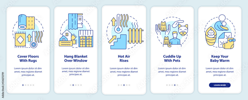 Stay warm during power outage onboarding mobile app screen. Survival walkthrough 5 steps editable graphic instructions with linear concepts. UI, UX, GUI template. Myriad Pro-Bold, Regular fonts used