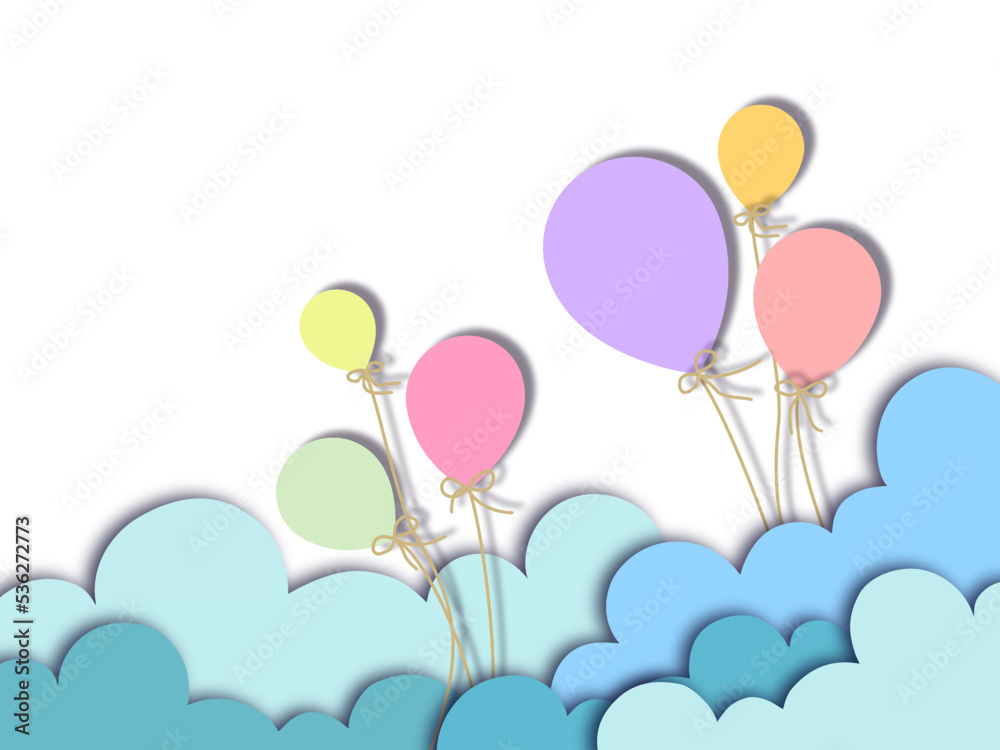 Paper cut balloons pastel with clouds on white background,backdrop for kids 