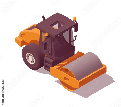 Isometric low poly orange soil compactor. Vector illustrator	