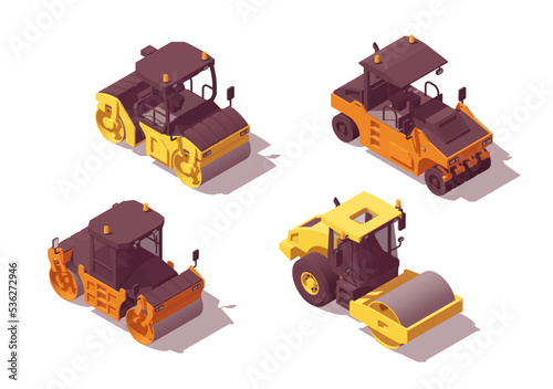 Isometric low poly asphalt and soil rollers compactors set. Vector illustrator	