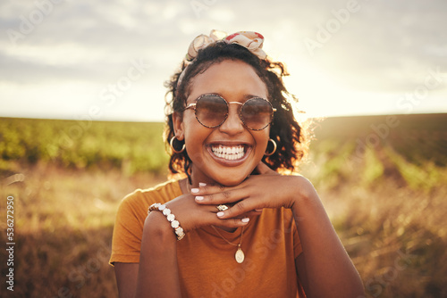 Face smile, black woman and countryside sunglasses, summer vacation or holiday. Portrait, travel and happy female from Brazil having fun outdoors, freedom and relax in nature enjoying time alone. #536272950