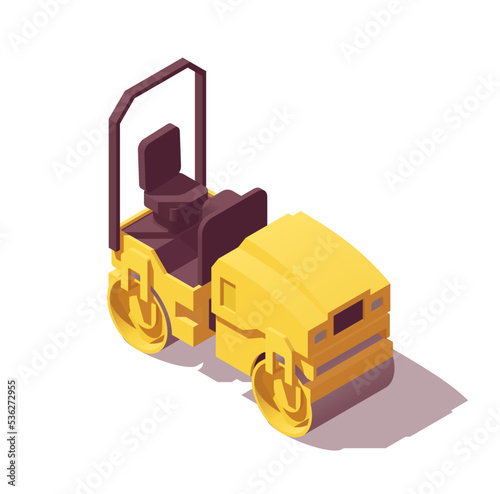 Isometric low poly yellow asphalt mini compactor. Vector illustrator	