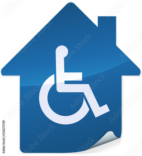 Sticker in the shape of a blue house with the symbol of a wheelchair indicating a house accessible to the handicapped (metal reflection)
