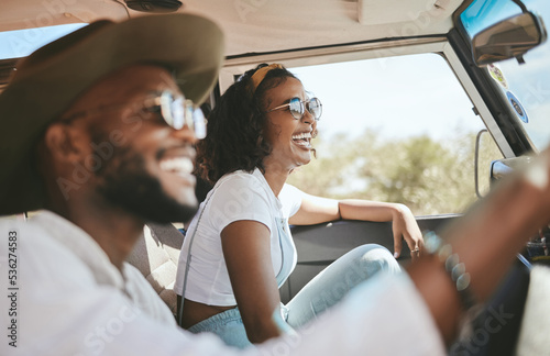 Print op canvas Travel, road trip and black people couple driving by countryside for holiday, journey and freedom with happiness