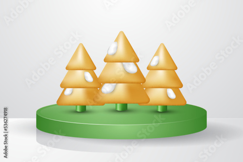 3d golden christmas tree with snow on green podium background