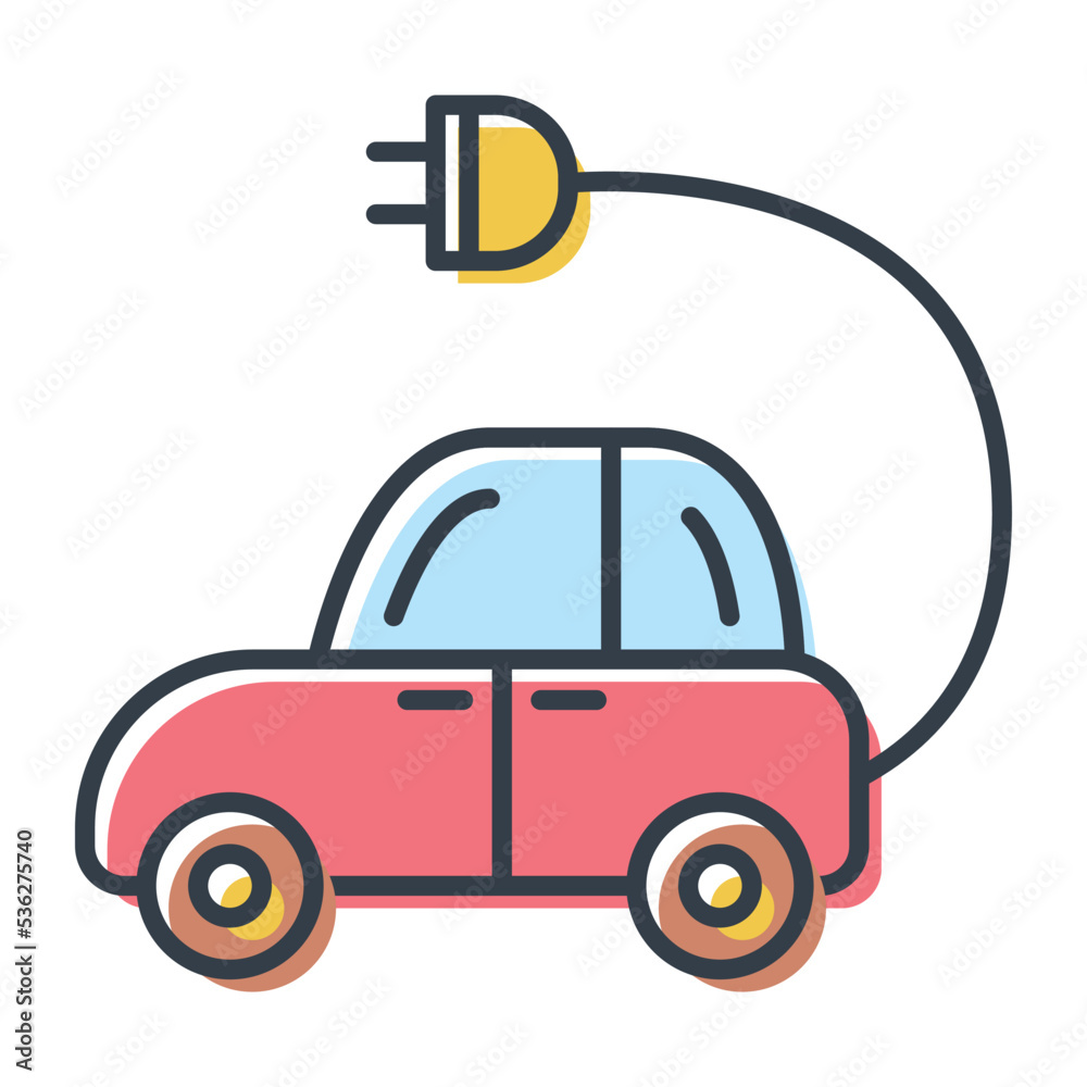 Electric car on charging, vector isolated flat icon. Environmental conservation and ecology concept design element.