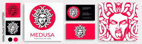 Medusa gorgon logo. Head of a woman with snakes. Protective amulet. Logo for different directions. Vector image. photo