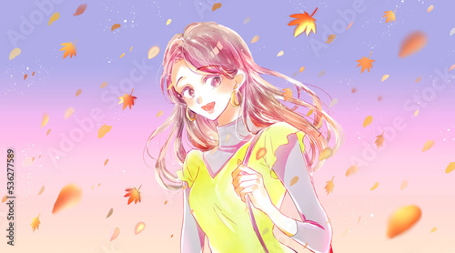 出かける女性 秋イメージ 紅葉