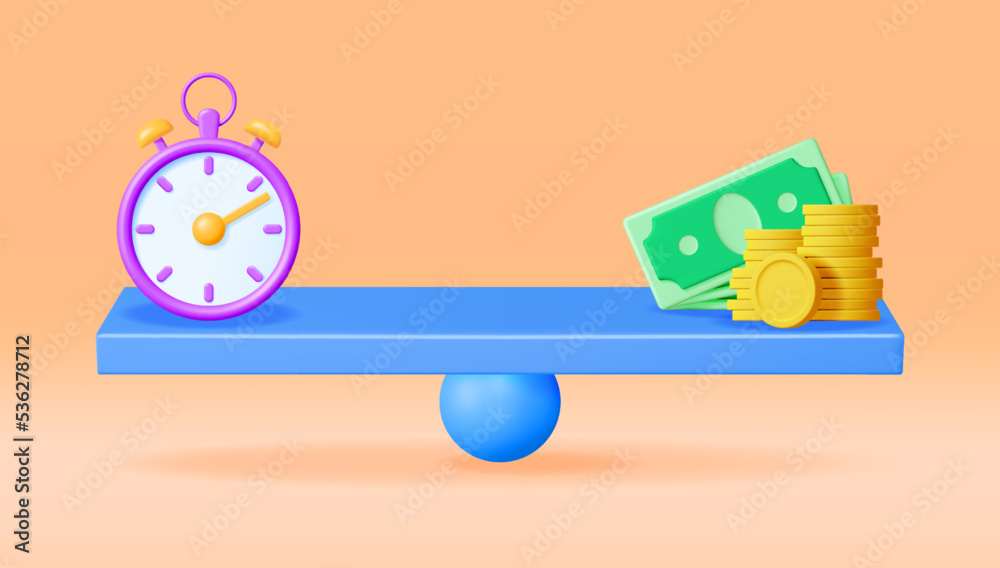 Obraz premium 3D Clock and Money on Balance Scales Isolated. Render Time is Money Concept Annual Revenue, Financial Investment, Savings, Bank Deposit, Future Income, Money Benefit. Vector Illustration