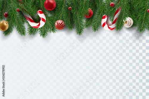 Border with Christmas tree branches, candy canes and balls isolated on white. Realistic looking Christmas tree branches and decor. Fir needles garland