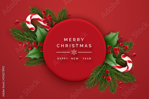 Merry Christmas and Happy New Year banner with holly berries, candies, fir brunches and christmas element. Christmas red background with realistic decorations. Promotion poster in red and green colors