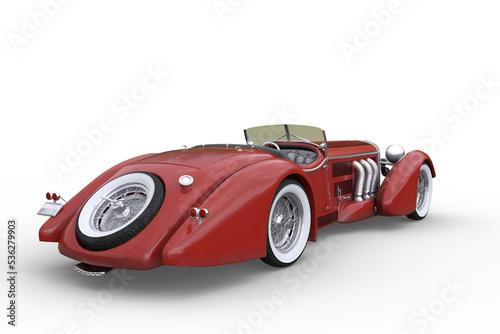 Rear view of 1920s vintage concept convertible roadster sports car with red paintwork and whitewall tyres. 3D rendering isolated on white.