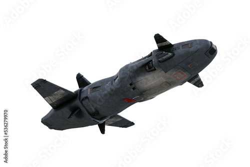 Fototapeta Naklejka Na Ścianę i Meble -  Large futuristic grey space craft flying overhead. 3D rendering isolated.