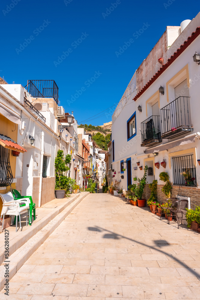 Beautiful white houses in the Santa Cruz neighborhood in Alicante. Valencian Community