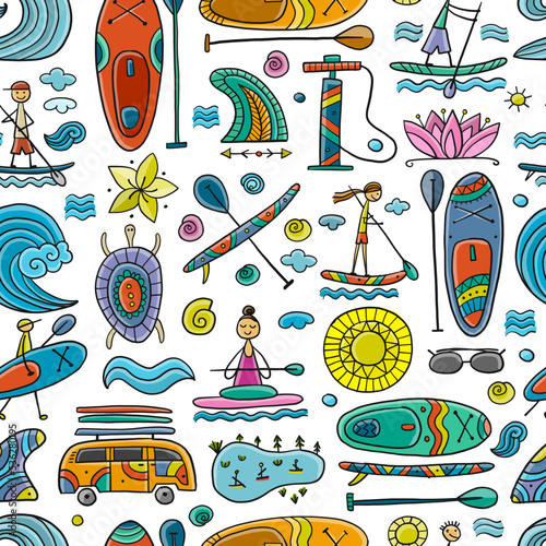 SUP boarding seamless pattern. Stand up paddling background for your design. People on paddle boards and equipment