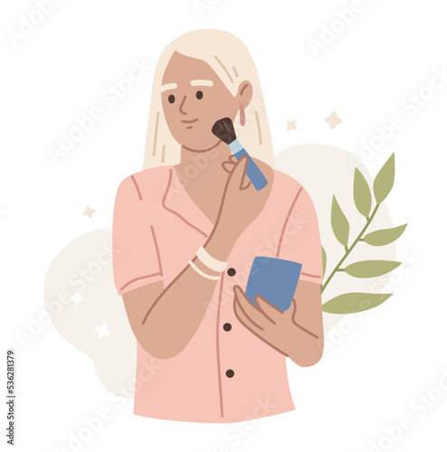 Pretty girl applying rouge, powder, blusher to her face. Portrait of a woman. Make up, make over. Skin care routine. Cosmetics. Flat vector illustration.