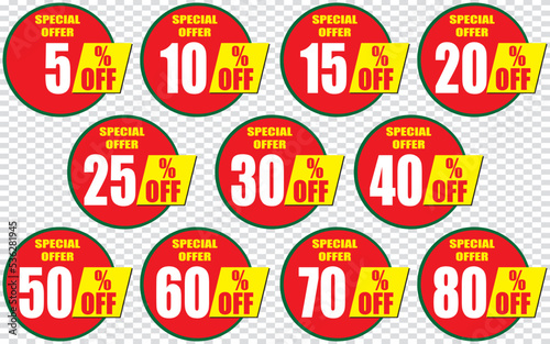 5, 10, 15, 20, 25, 30, 40, 50, 60, 70, 80, percentage off, Discount stickers set for shop, retail, promotion 